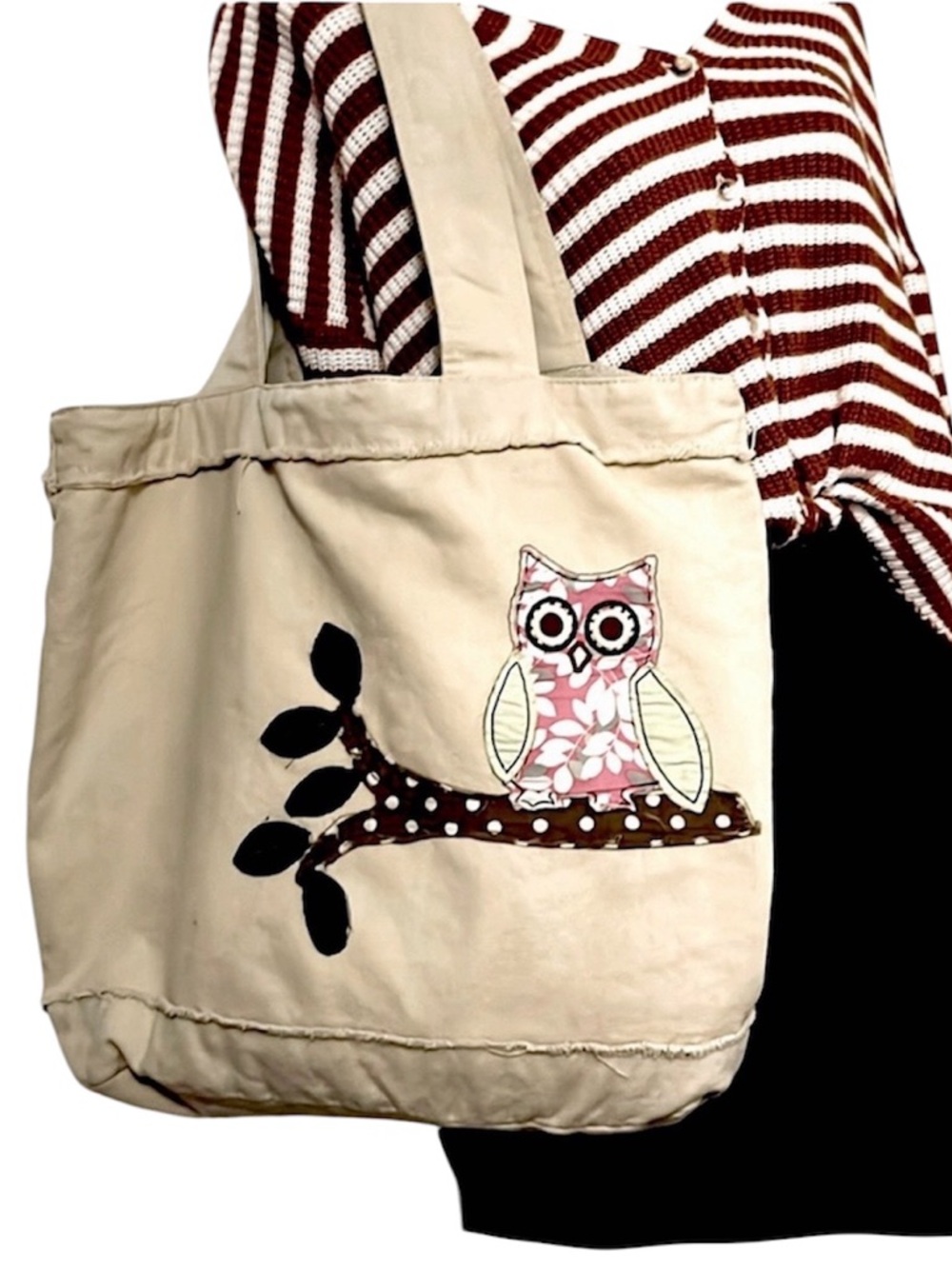 Vintage Mudd Patchwork Owl Tree Appliqué Two Handle Book Laptop Market Tote Bag